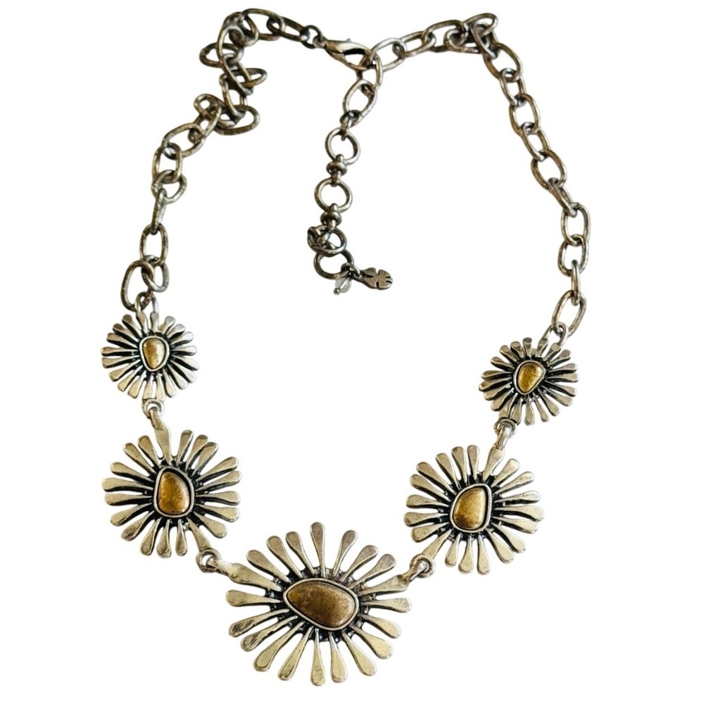 Lucky Brand Signed‎ Choker Necklace Flower star distressed metal western Y2k 21"